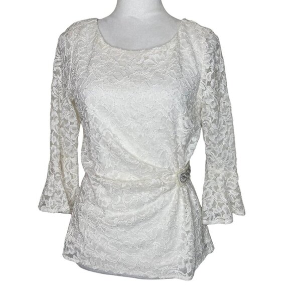 Scarlett Ivory Gold Lace Bell Sleeve Ruched Embellished Bead Accent Blouse Top M - Picture 1 of 8